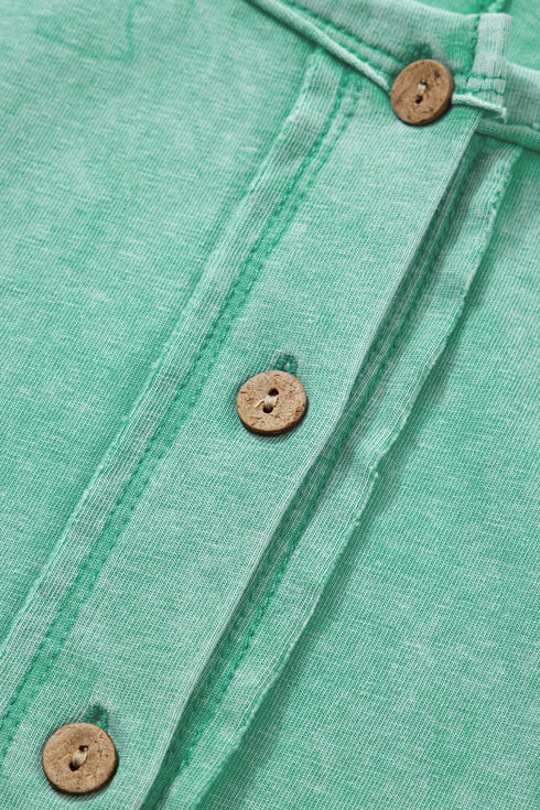 Half Button Raw Seam Raglan Sleeve Mineral Wash Tee