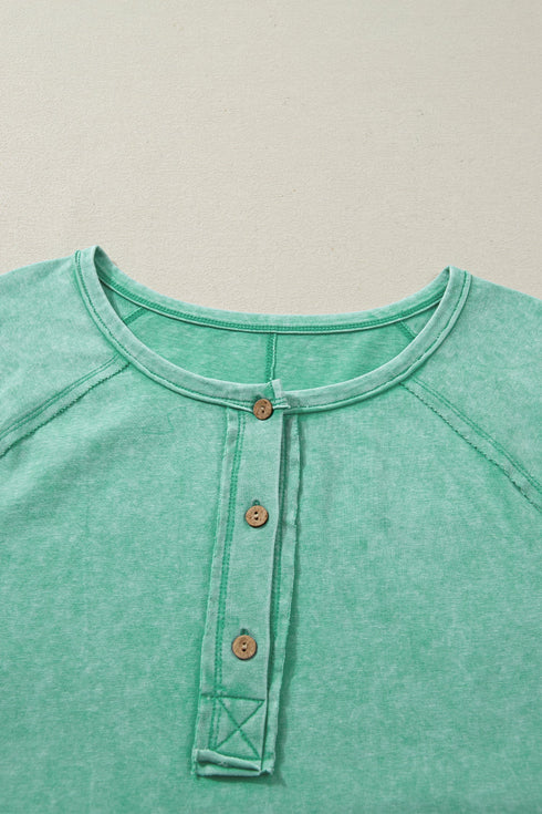 Half Button Raw Seam Raglan Sleeve Mineral Wash Tee