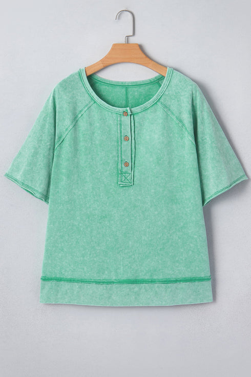 Half Button Raw Seam Raglan Sleeve Mineral Wash Tee