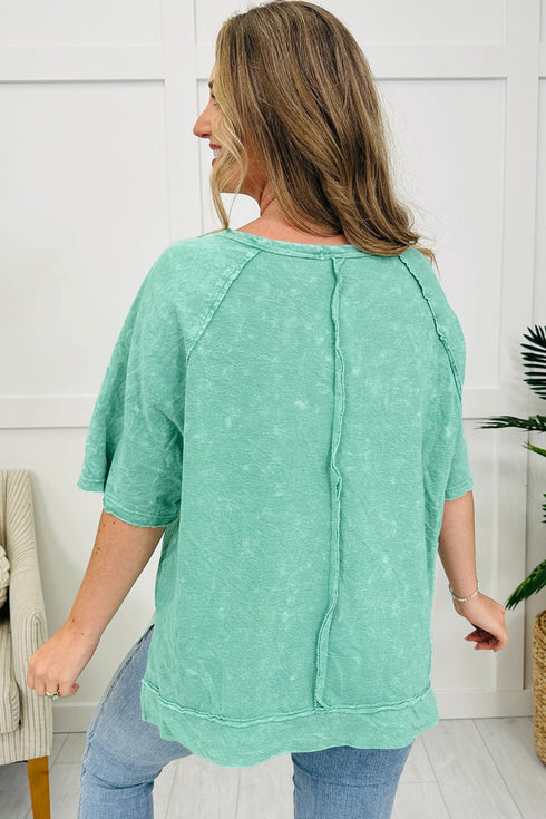 Half Button Raw Seam Raglan Sleeve Mineral Wash Tee