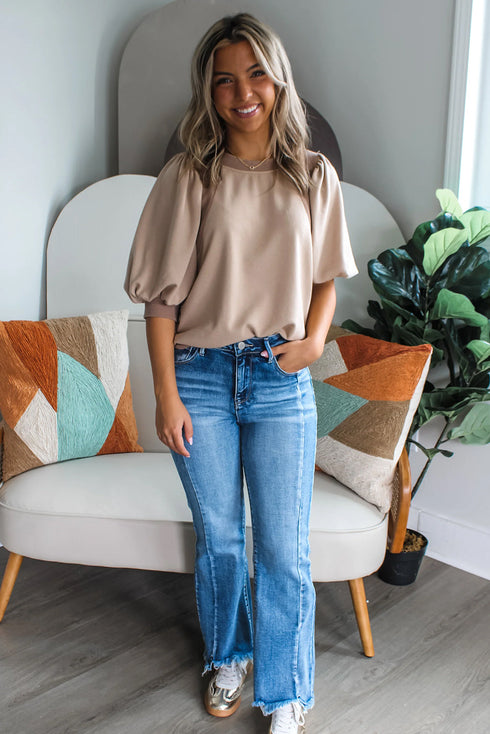 Half Lantern Sleeve Collared V Neck Pullover Shirt