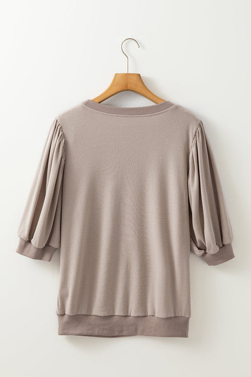 Half Lantern Sleeve Collared V Neck Pullover Shirt