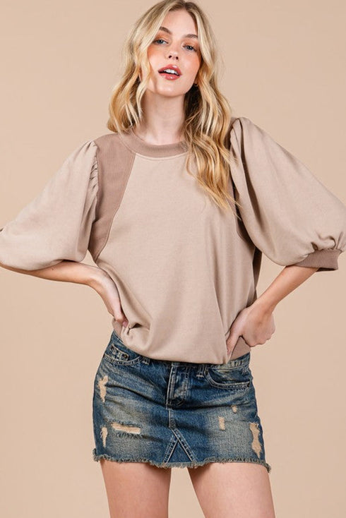 Half Lantern Sleeve Collared V Neck Pullover Shirt