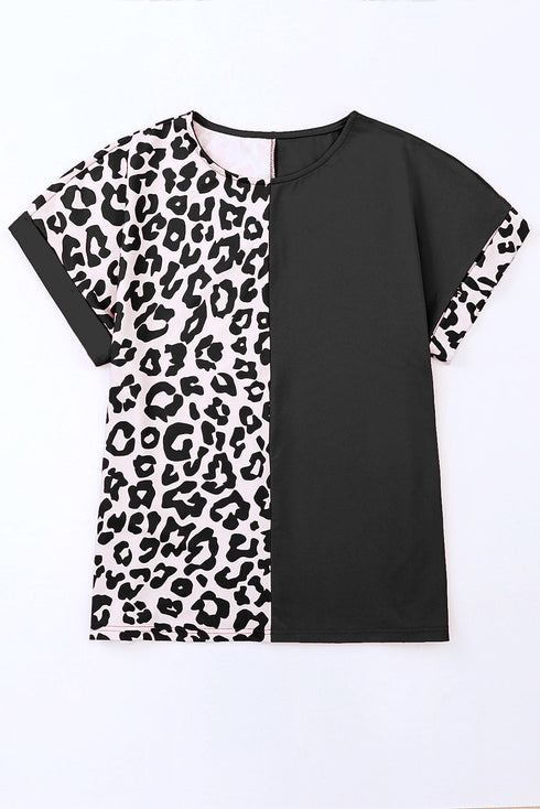 Half Leopard Patchwork Short Sleeves Top