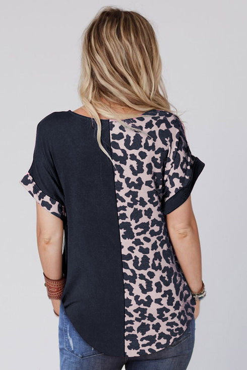 Half Leopard Patchwork Short Sleeves Top
