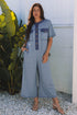 Half Placket Chest Pocket Short Sleeve Wide Leg Jumpsuit