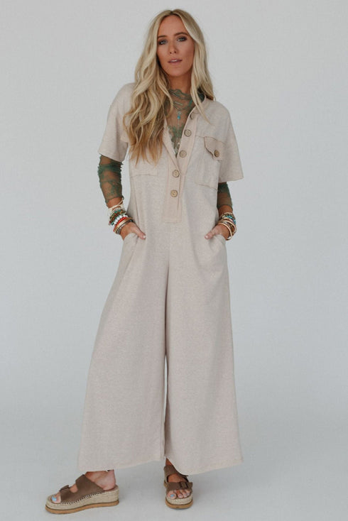 Half Placket Chest Pocket Short Sleeve Wide Leg Jumpsuit