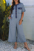 Half Placket Chest Pocket Short Sleeve Wide Leg Jumpsuit