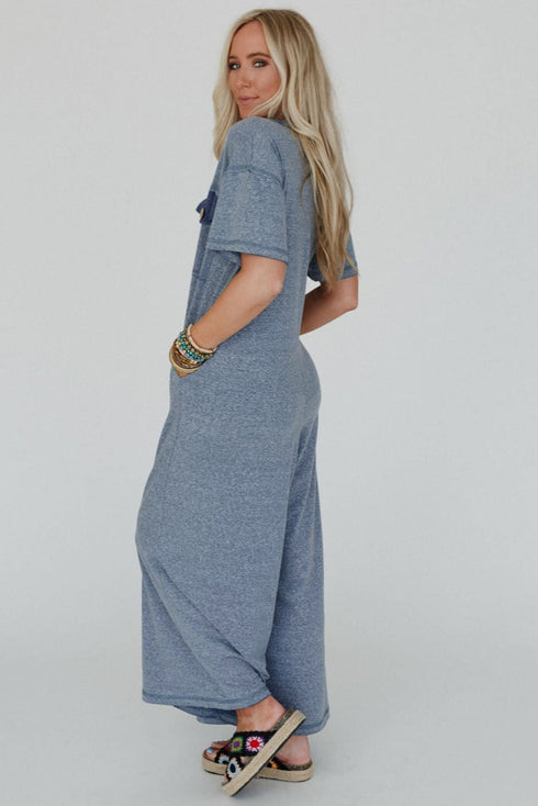 Half Placket Chest Pocket Short Sleeve Wide Leg Jumpsuit