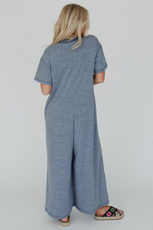 Half Placket Chest Pocket Short Sleeve Wide Leg Jumpsuit