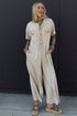 Half Placket Chest Pocket Short Sleeve Wide Leg Jumpsuit