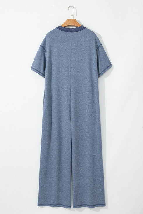 Half Placket Chest Pocket Short Sleeve Wide Leg Jumpsuit