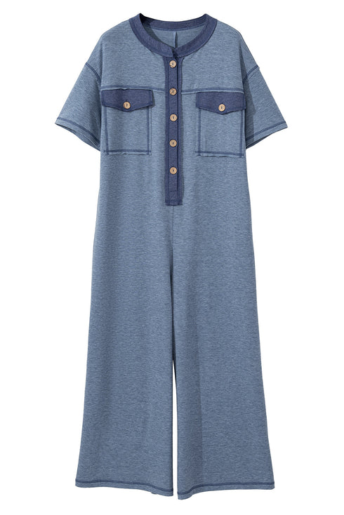 Half Placket Chest Pocket Short Sleeve Wide Leg Jumpsuit