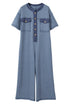 Half Placket Chest Pocket Short Sleeve Wide Leg Jumpsuit
