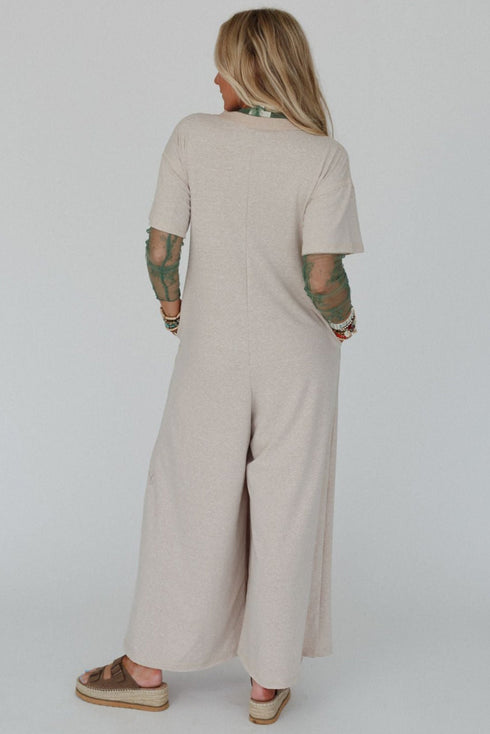 Half Placket Chest Pocket Short Sleeve Wide Leg Jumpsuit