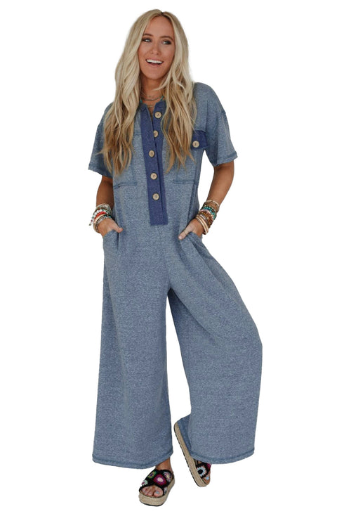 Half Placket Chest Pocket Short Sleeve Wide Leg Jumpsuit