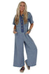 Half Placket Chest Pocket Short Sleeve Wide Leg Jumpsuit