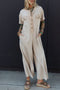 Half Placket Chest Pocket Short Sleeve Wide Leg Jumpsuit