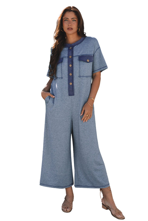 Half Placket Chest Pocket Short Sleeve Wide Leg Jumpsuit