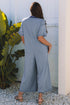 Half Placket Chest Pocket Short Sleeve Wide Leg Jumpsuit