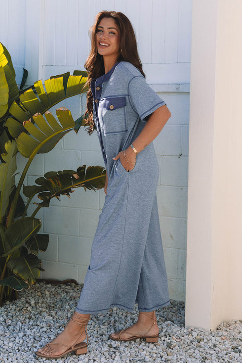 Half Placket Chest Pocket Short Sleeve Wide Leg Jumpsuit