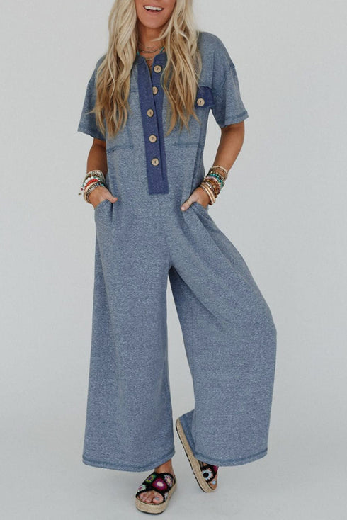 Half Placket Chest Pocket Short Sleeve Wide Leg Jumpsuit