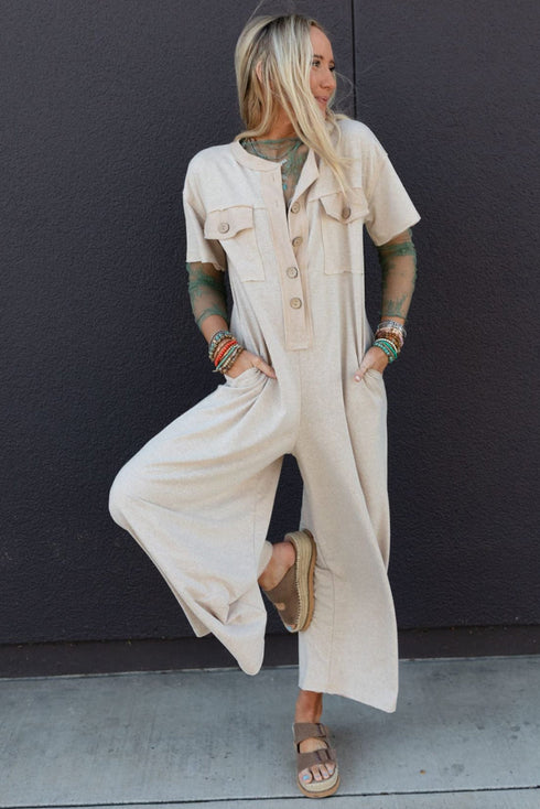 Half Placket Chest Pocket Short Sleeve Wide Leg Jumpsuit