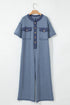 Half Placket Chest Pocket Short Sleeve Wide Leg Jumpsuit