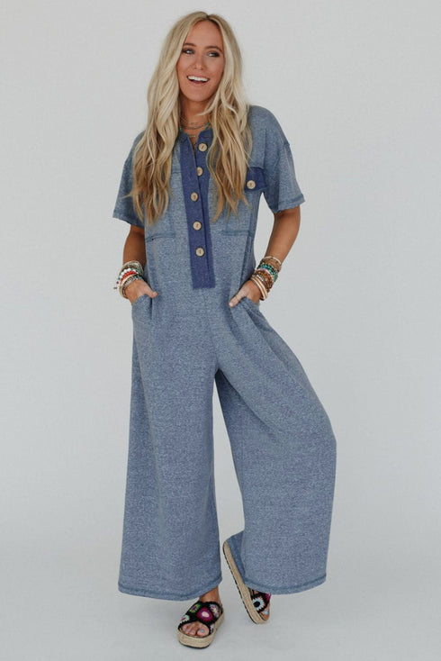 Half Placket Chest Pockets Short Sleeve Wide Leg Jumpsuit