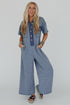 Half Placket Chest Pockets Short Sleeve Wide Leg Jumpsuit