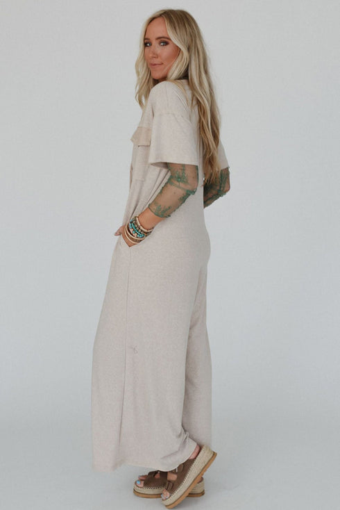 Half Placket Chest Pockets Short Sleeve Wide Leg Jumpsuit