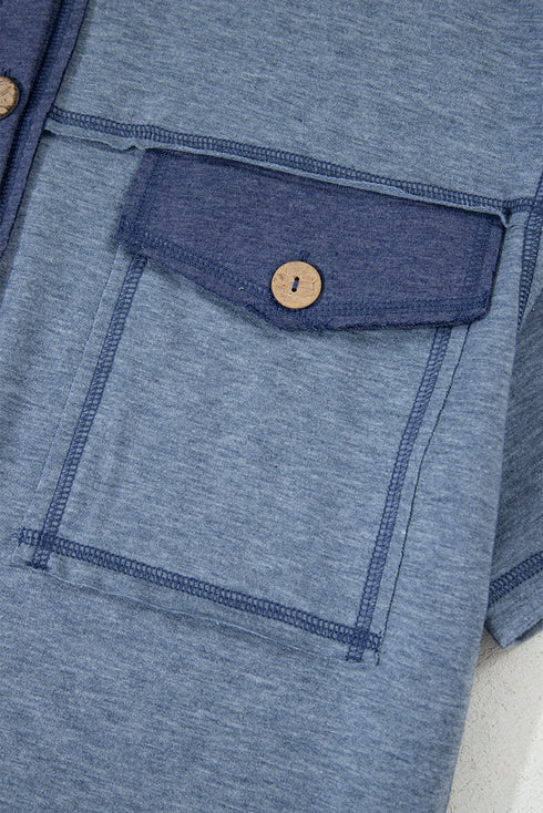 Half Placket Chest Pockets Short Sleeve Wide Leg Jumpsuit