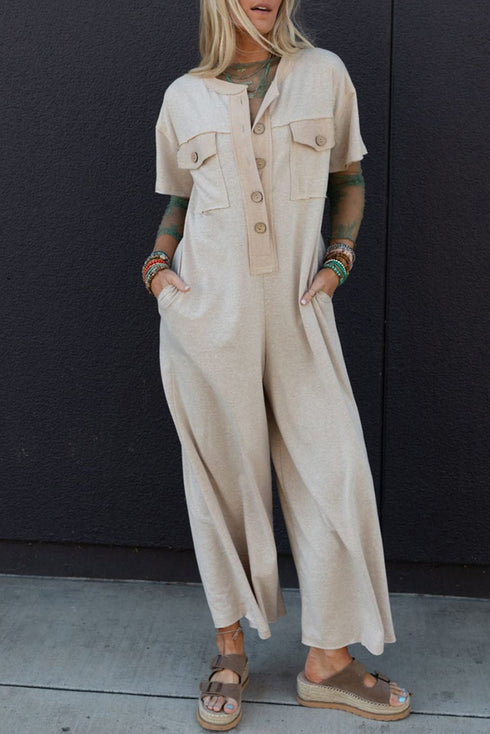 Half Placket Chest Pockets Short Sleeve Wide Leg Jumpsuit