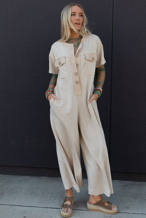 Half Placket Chest Pockets Short Sleeve Wide Leg Jumpsuit