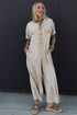Half Placket Chest Pockets Short Sleeve Wide Leg Jumpsuit