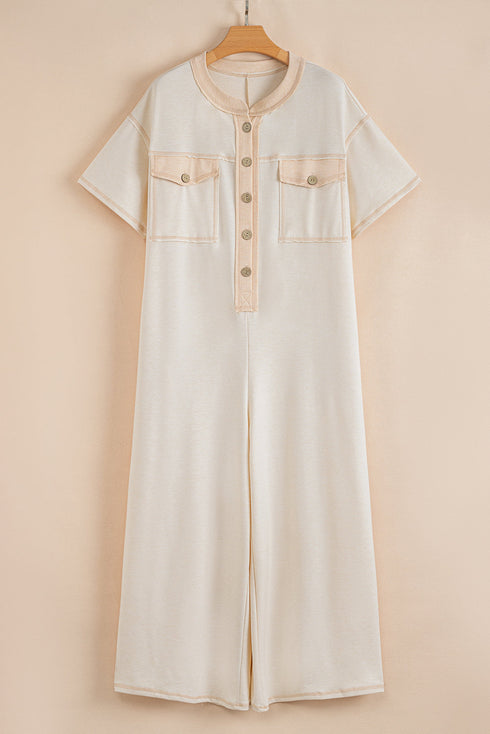 Half Placket Chest Pockets Short Sleeve Wide Leg Jumpsuit