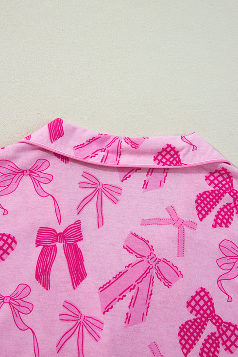 Half Sleeve Button Front Bow Print Pajama Set