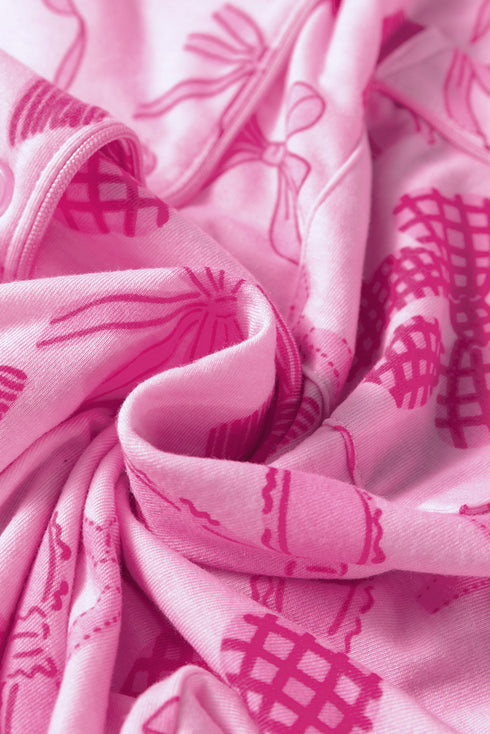 Half Sleeve Button Front Bow Print Pajama Set