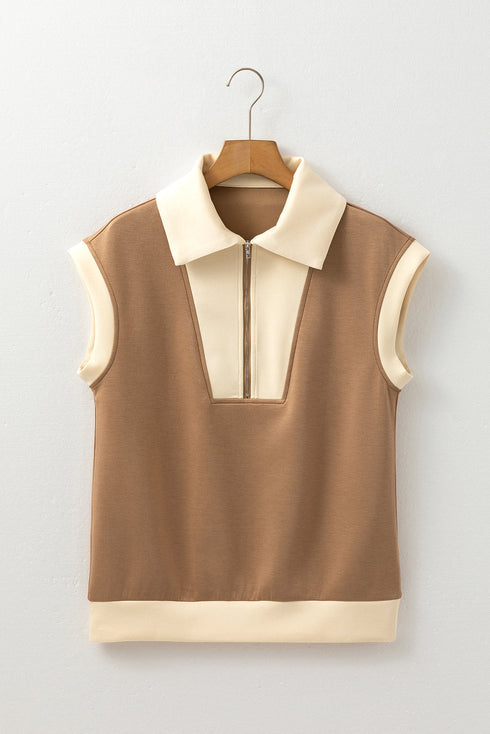 Half Zip Collared Ribbed Short Sleeve Knit Top
