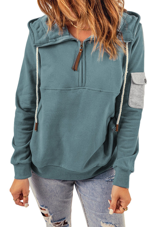 Half Zip Colorblock Pocket Patchwork Long Sleeve Hoodie