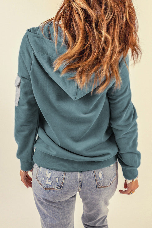 Half Zip Colorblock Pocket Patchwork Long Sleeve Hoodie