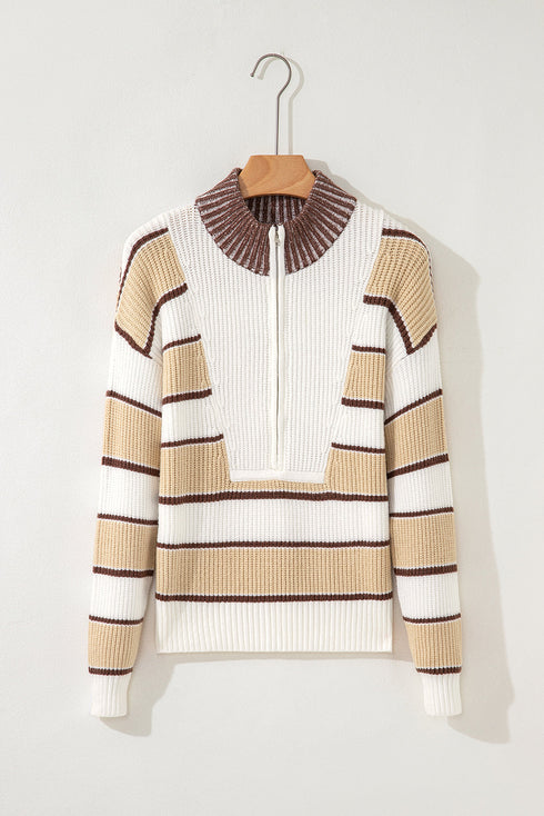 Half Zip Contrast Panel Stripe Drop Shoulder Sweater