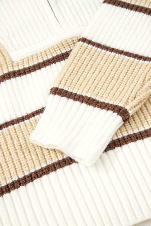 Half Zip Contrast Panel Stripe Drop Shoulder Sweater