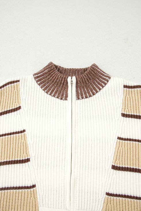 Half Zip Contrast Panel Stripe Drop Shoulder Sweater