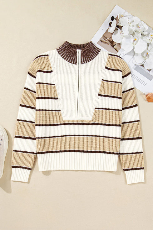 Half Zip Contrast Panel Stripe Drop Shoulder Sweater
