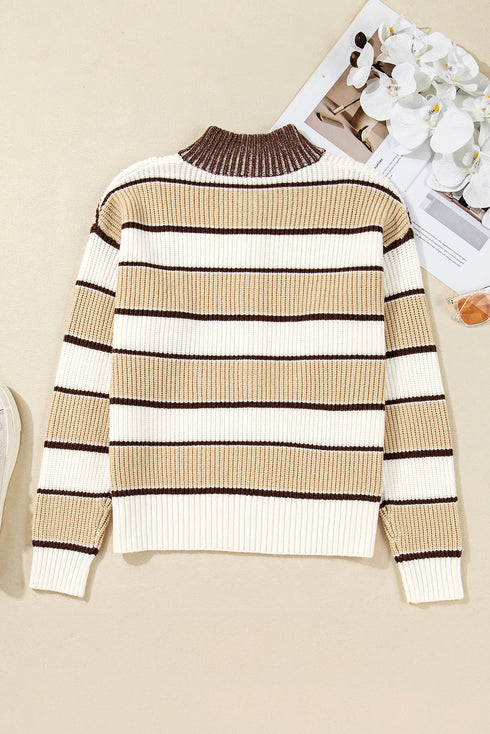 Half Zip Contrast Panel Stripe Drop Shoulder Sweater