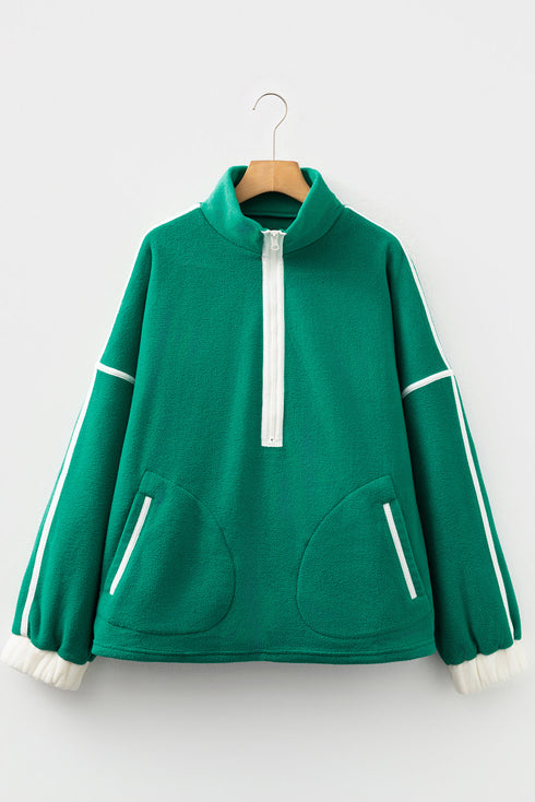 Half Zip Contrast Piping Stand Collar Kangaroo Pocket Fleece Sweatshirt