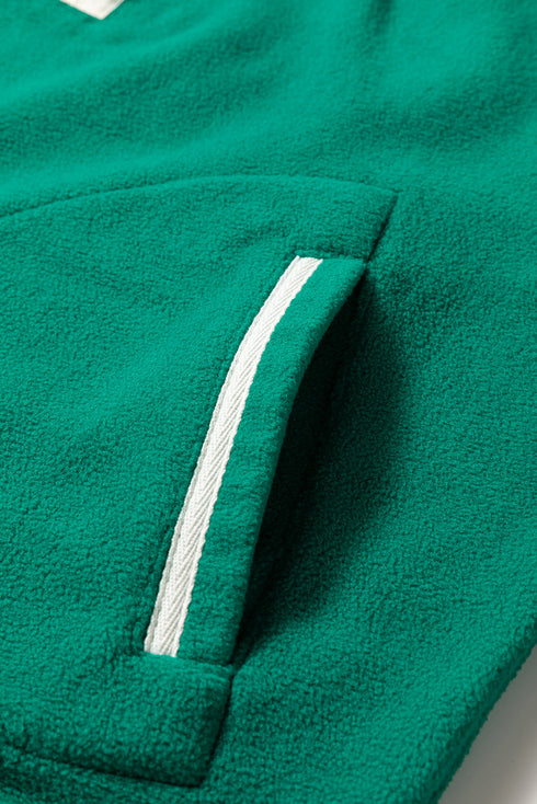 Half Zip Contrast Piping Stand Collar Kangaroo Pocket Fleece Sweatshirt