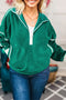 Half Zip Contrast Piping Stand Collar Kangaroo Pocket Fleece Sweatshirt