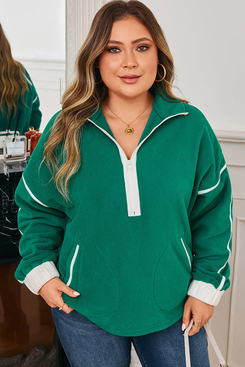 Half Zip Contrast Trim Pocketed Fleece Sweatshirt